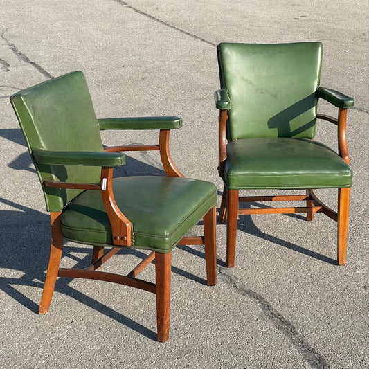 Z@ ANTIQUE Mid Century Modern/Post Art Deco Leather Chairs 34”x24”x24” Mahogany & Green