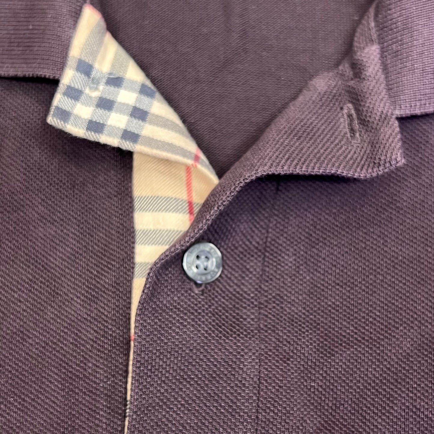 BURBERRY Rib Knit Cotton Polo Shirt w/ Signature Plaid Mens Sz S Brown (Used)