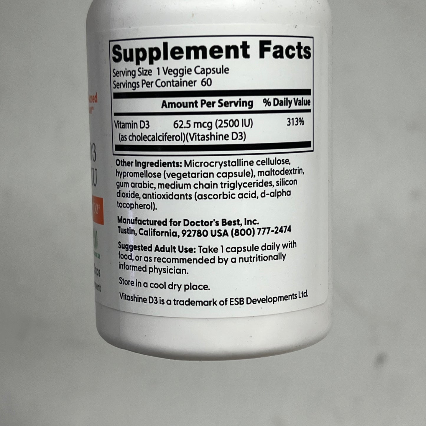 DOCTORS BEST  (2 PACK) Vegan D3 2500 Iu Vitamins Soy Free 60 Capsules Per Bottle