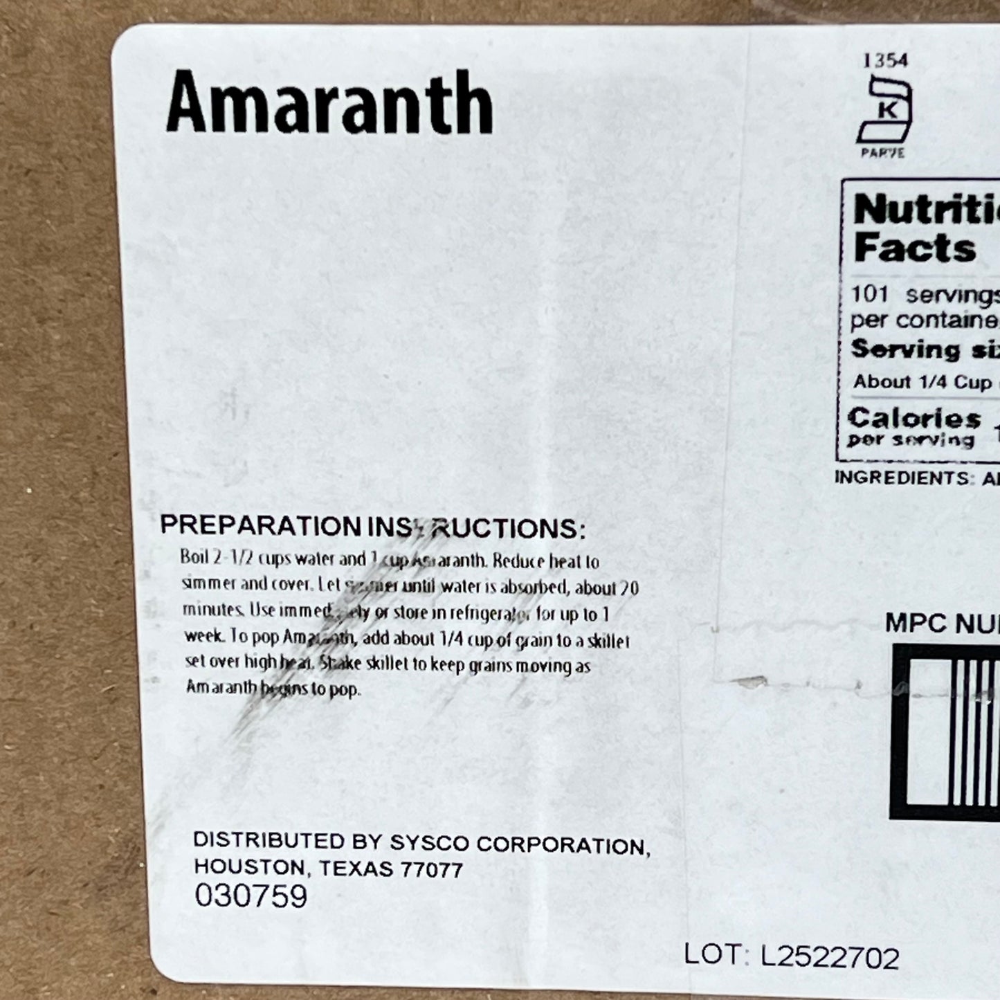 SYSCO High Protein 100% Whole Grain Amaranth Seeds Specialty Grain 10Lb BB 03/29