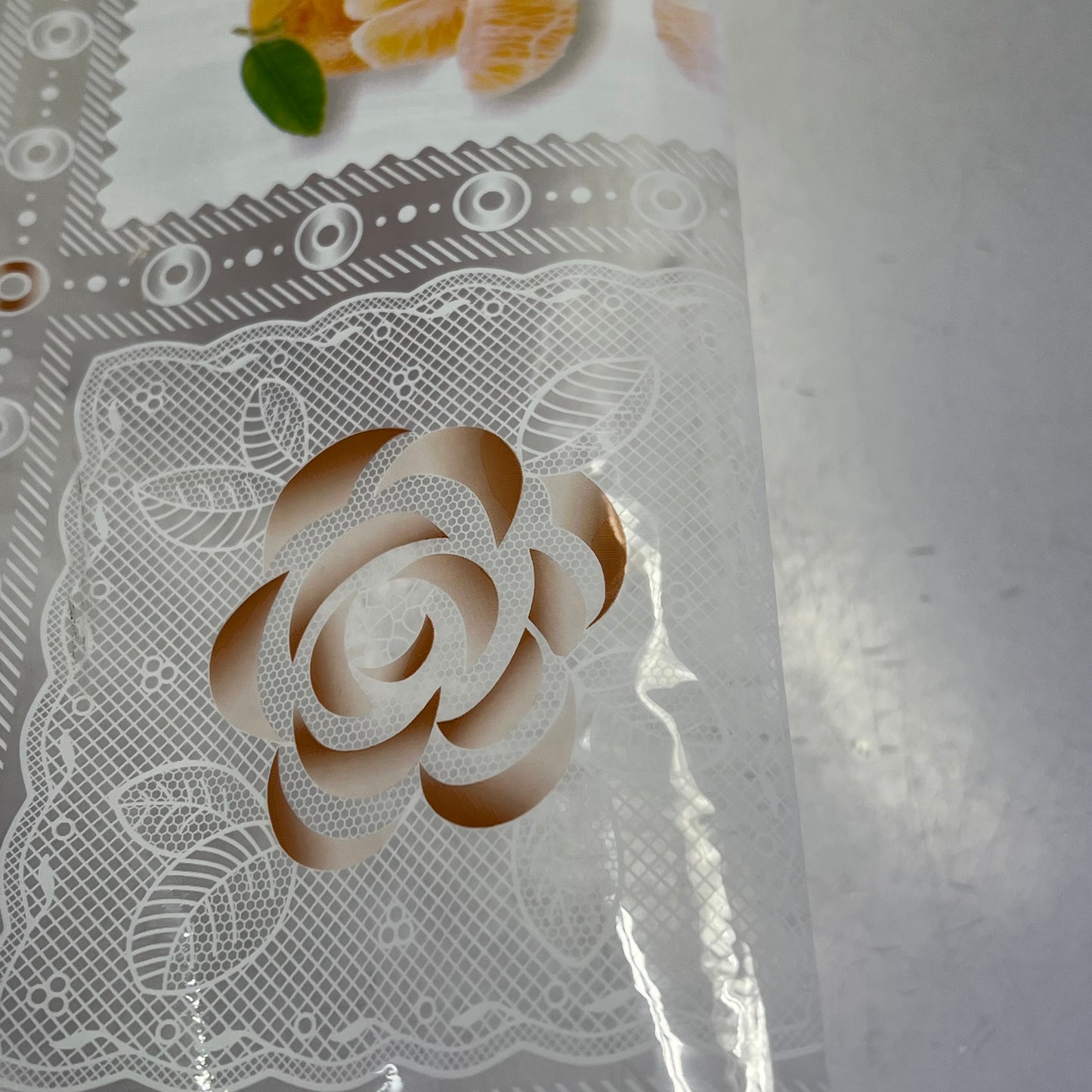 PVC Glossy Patchwork Faux Lace Floral Fruit Table Cloth 54"x60' Clear/Multicolor