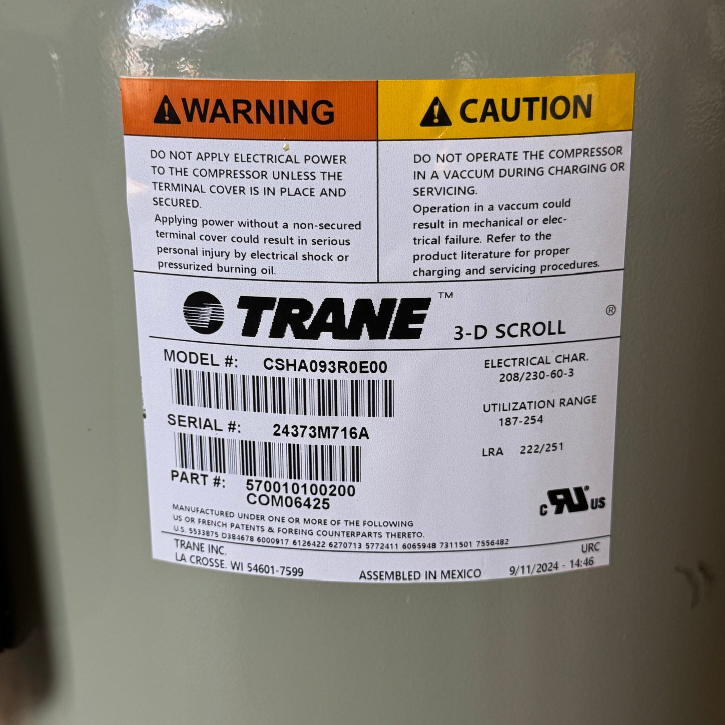 TRANE 9.3 Ton Scroll Compressor 208/230V 3PH CSHA093R0E00
