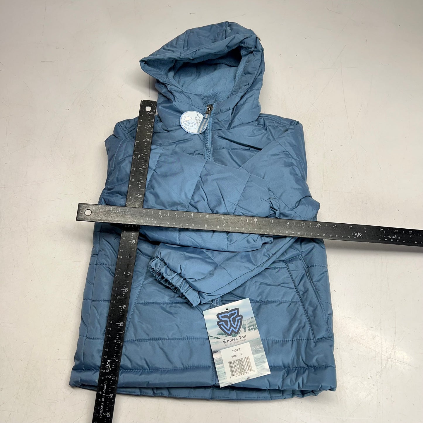 WHALES TAIL Fleece Lined Hooded Full Zip Up Winter Coat  Boy's Sz 6 Dusty Blue