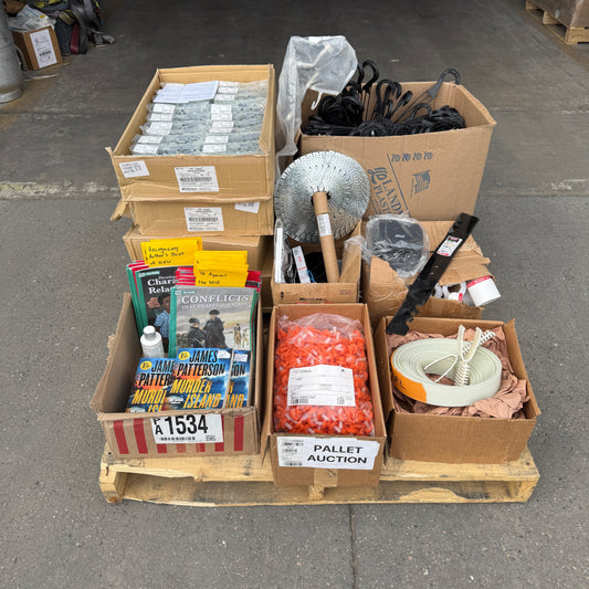 ZA@ Pallet of Industrial, Books, Hangers, Tests, Price Tags, Specialized Orange Valves?, Mower Blade, & MORE! (AS-IS)