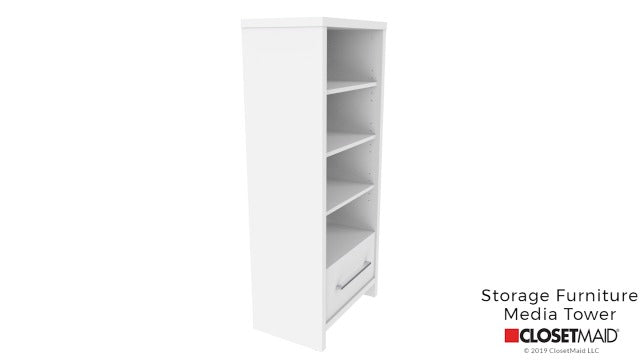 CLOSETMAID Media Storage Tower Bookcase with Drawer White Sz 50.2"H x 21.4"W x 13.5"L White 01651
