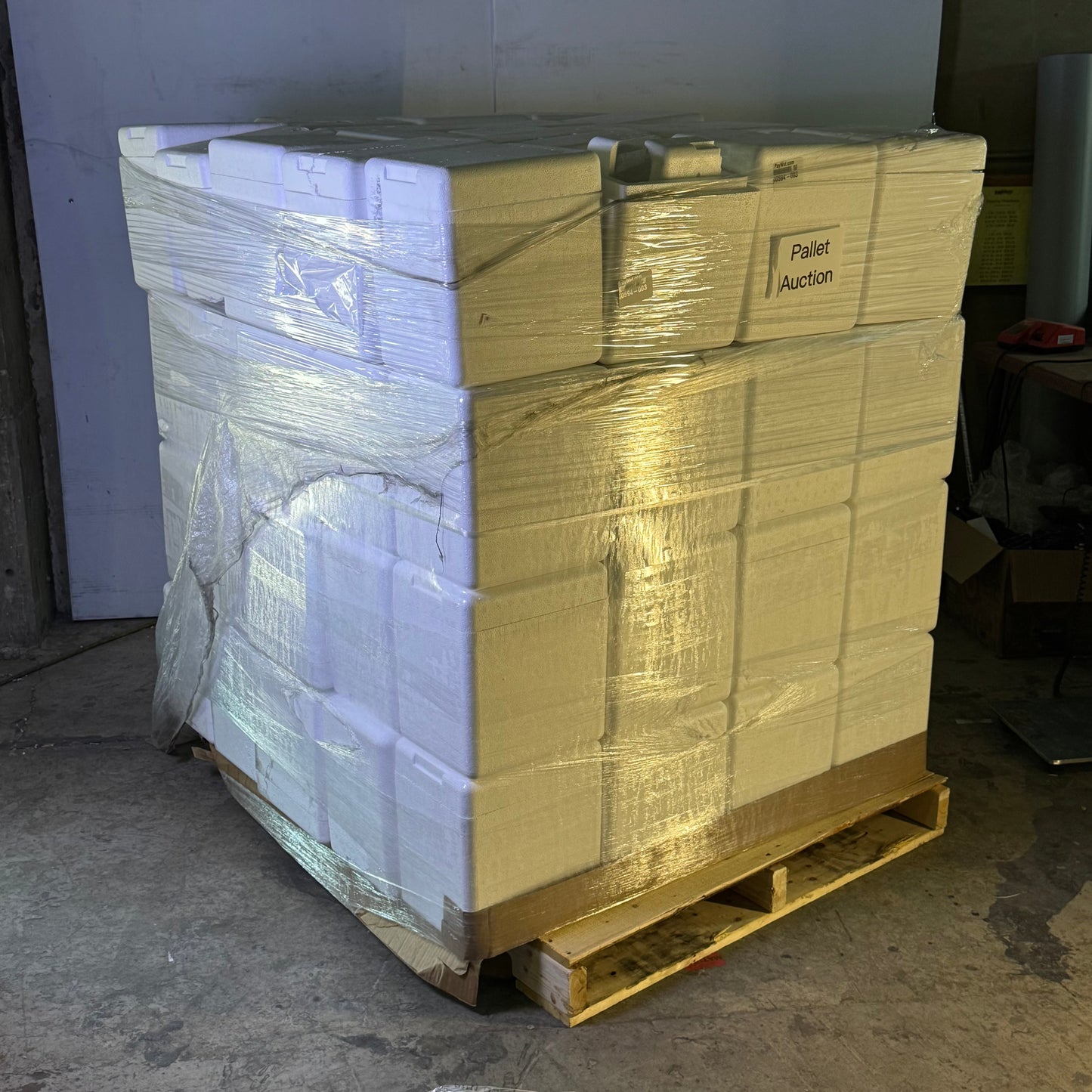 ZA@ Pallet of Foam Coolers Sz 10"L x 8"W x 12"H (AS-IS, Some Lids Damaged)