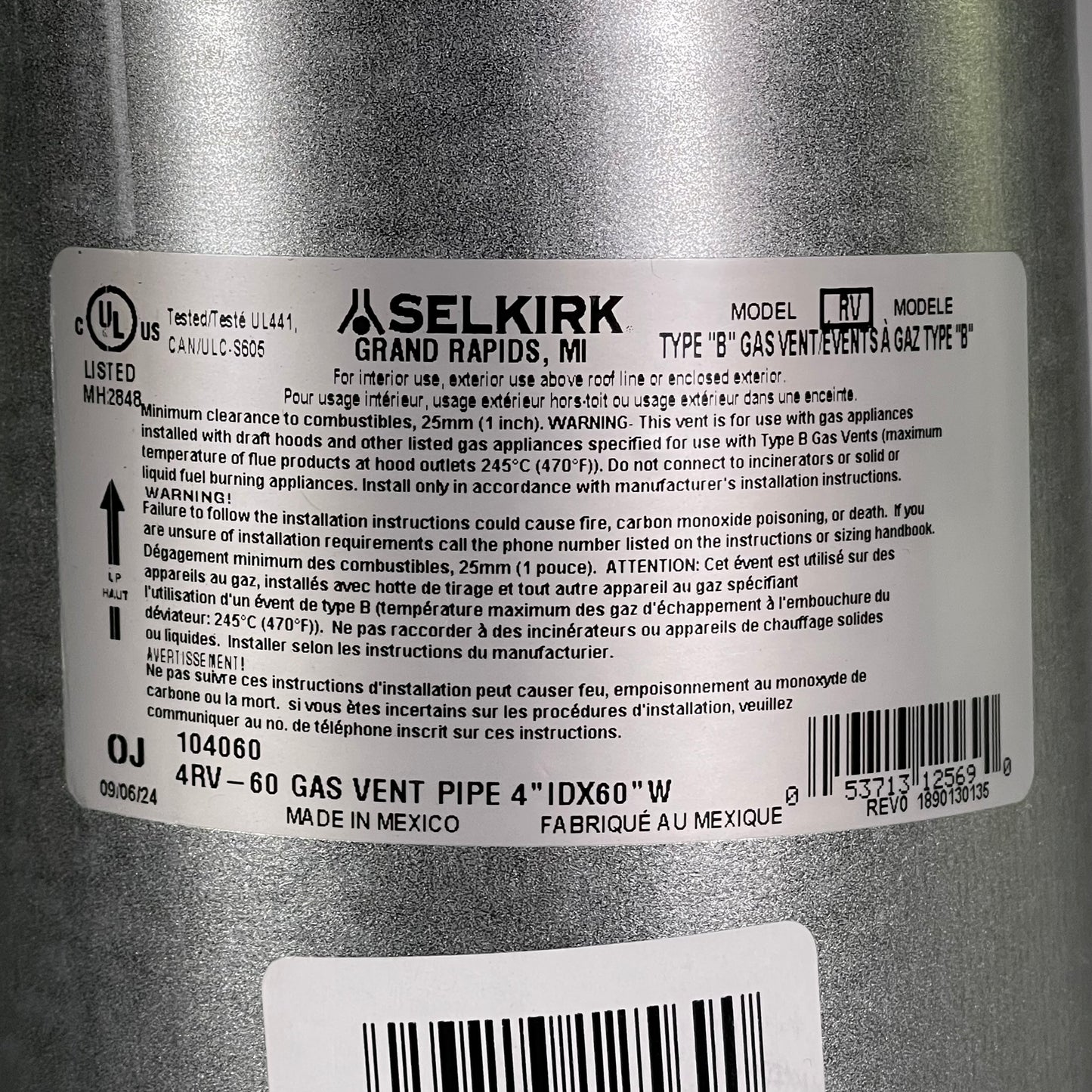SELKIRK (6-Pack) Duravent Locktab Double Wall Round Gas Pipe 4" Dia x 5' L Steel 4RV5