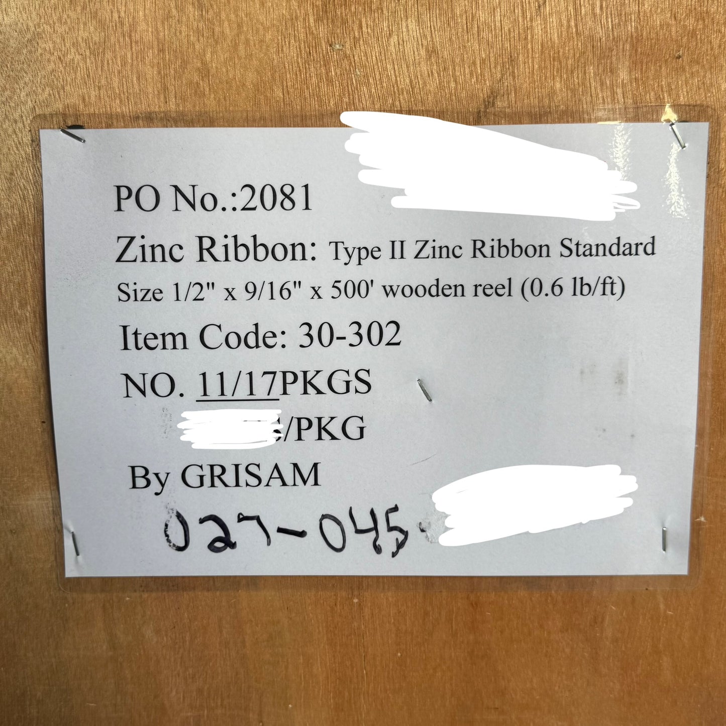 GRISAM Type Ll Zinc Ribbon Metal Spool 1/2" X 9/6" X 500' 30-302