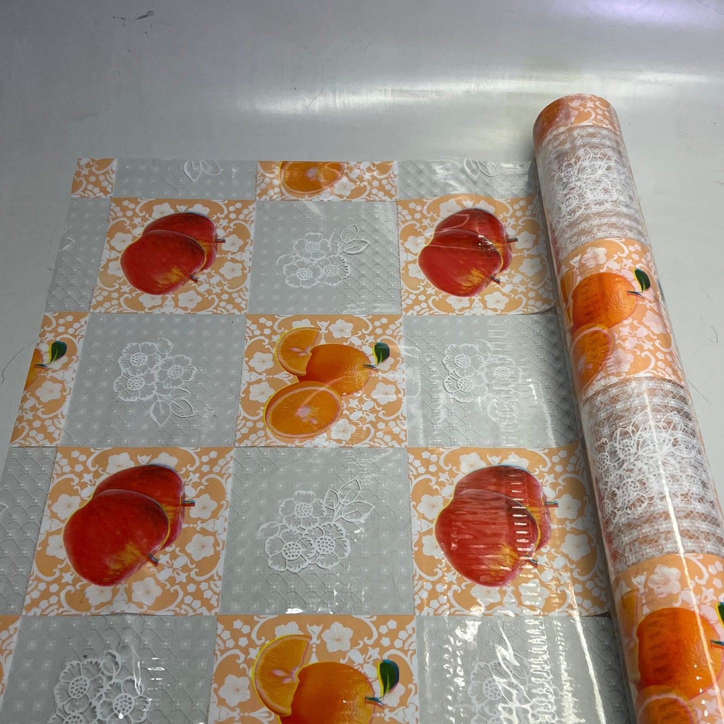 PVC Glossy Faux Lace Patchwork Fruit Dining Tablecloth Roll 54"x60' White/Orange
