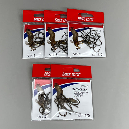 EAGLE CLAW (5 PACK) Offset Worm & Chunk Bait Holder Bronze #1/0 8pc 186A-1/0