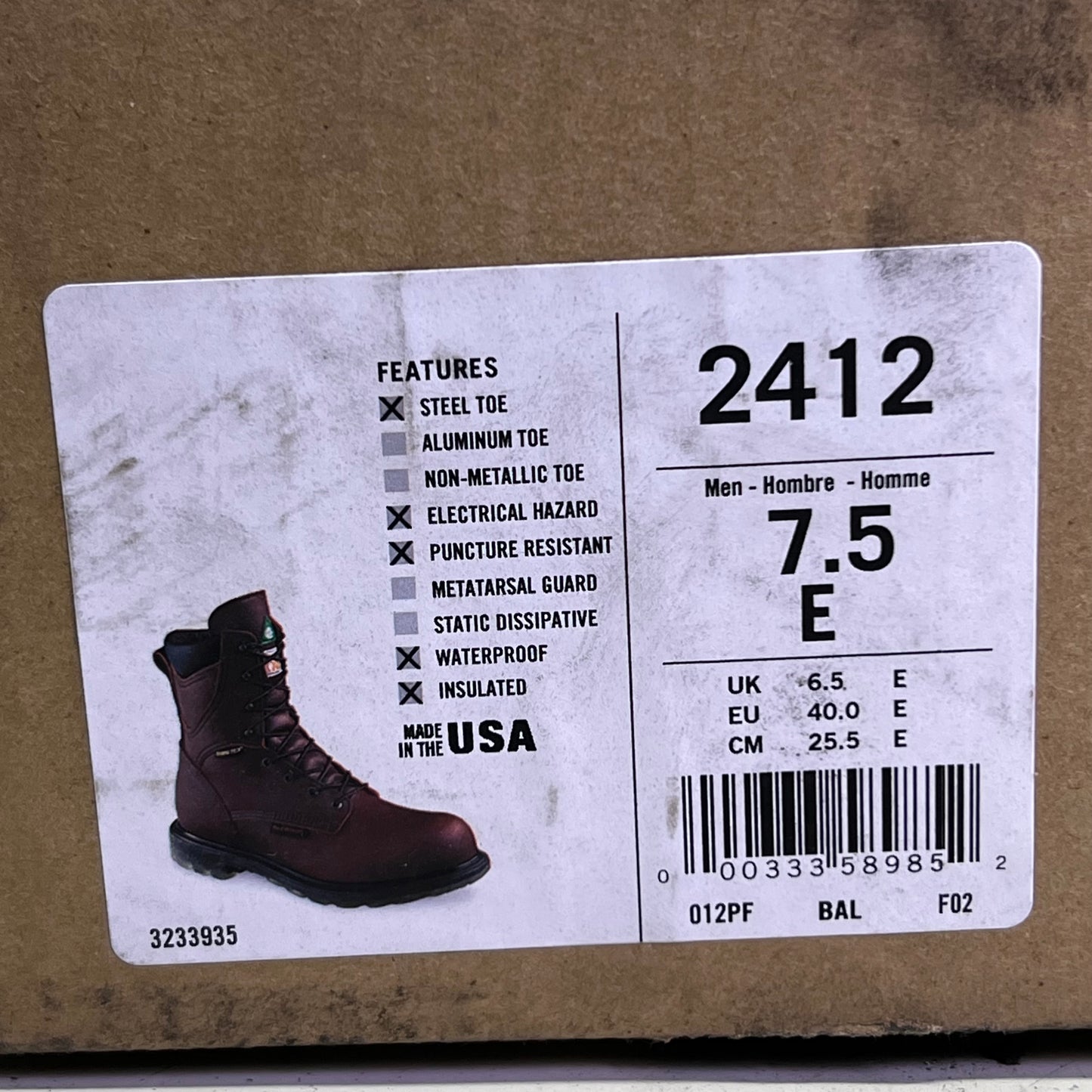 RED WING SHOES  Men's Sz 7.5 Insulated, Waterproof CSA Safety Toe Boot, Brown 2412 (New Other, Dirty Box)
