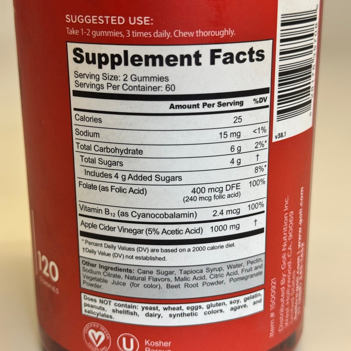 ZA@ GOLÍ Nutrition Apple Cider Vinegar 120 Gummies Sz 6.5” H Red BB Exp 08/25 E