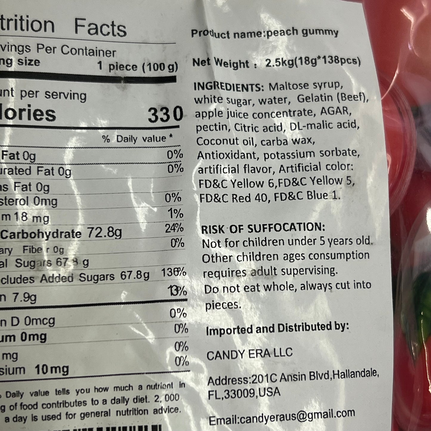 DEER DADA (5 LBS BAG) Individually Wrapped 3D Peach Gummy Candy BB 05/26