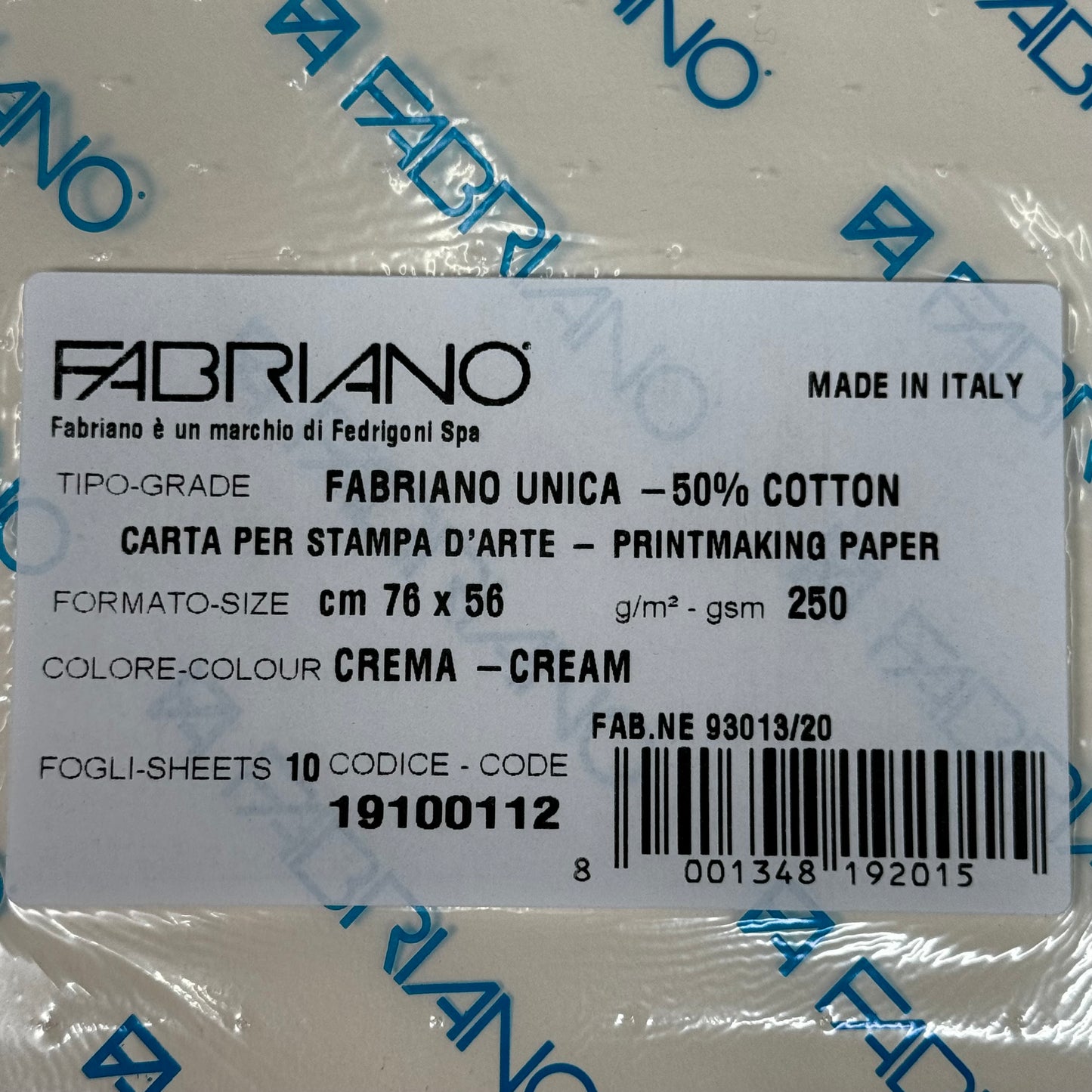 FABRIANO Unica Printmaking Paper Cream 10 Sheets 22"x30" 250 GSM 19100112