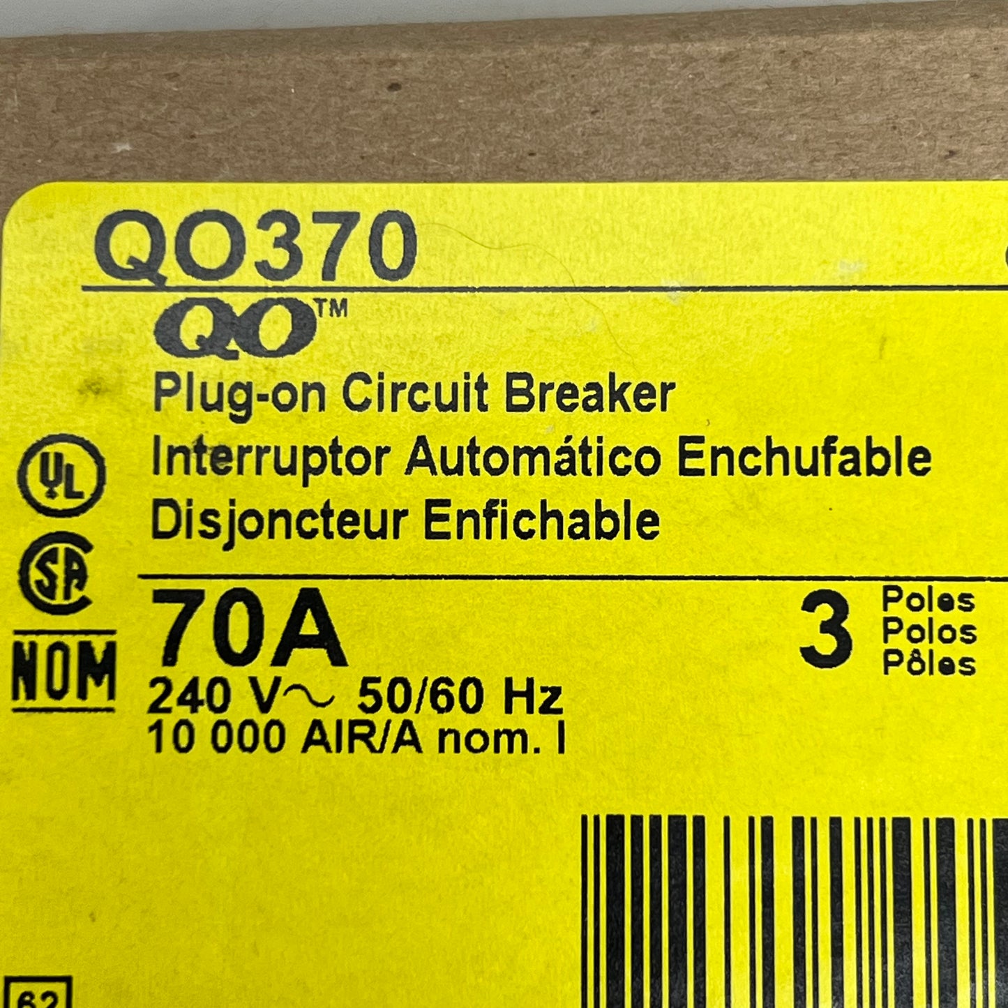 SQUARE D 70 AMP Circuit Breaker Plug-In 240 Volt 50/60 Hz 3 Pole QO370