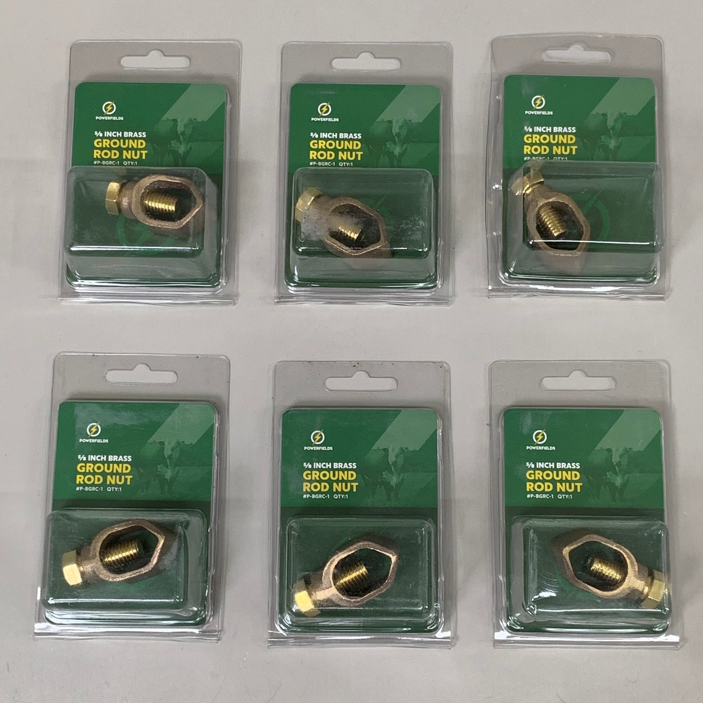 POWER FIELDS (6 PACK) Ground Rod Nut 5/8" Brass Clamps Wire to 12-1/2G P-BGRC-1