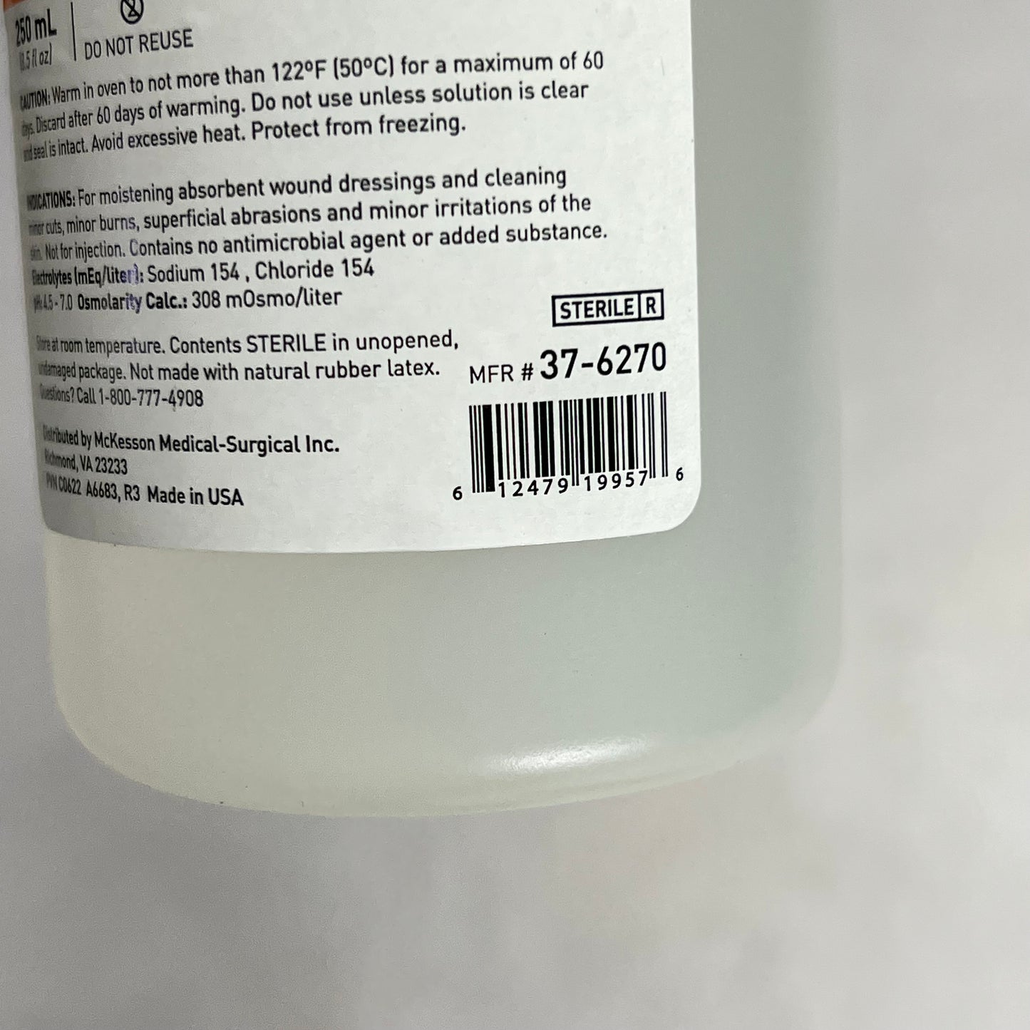 ZA@ MCKESSON (4 PACK) Usp Normal Saline Irrigation Solution Sterile 250 ml 37-6270 BB 11/27