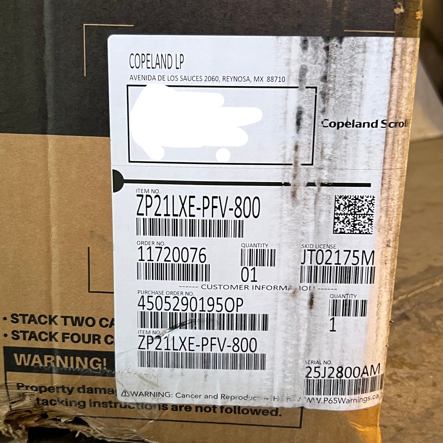 COPELAND Compressor 208/230V Sz 9"L x 9"W x 15"H, Black ZP21LXE-PFV-800