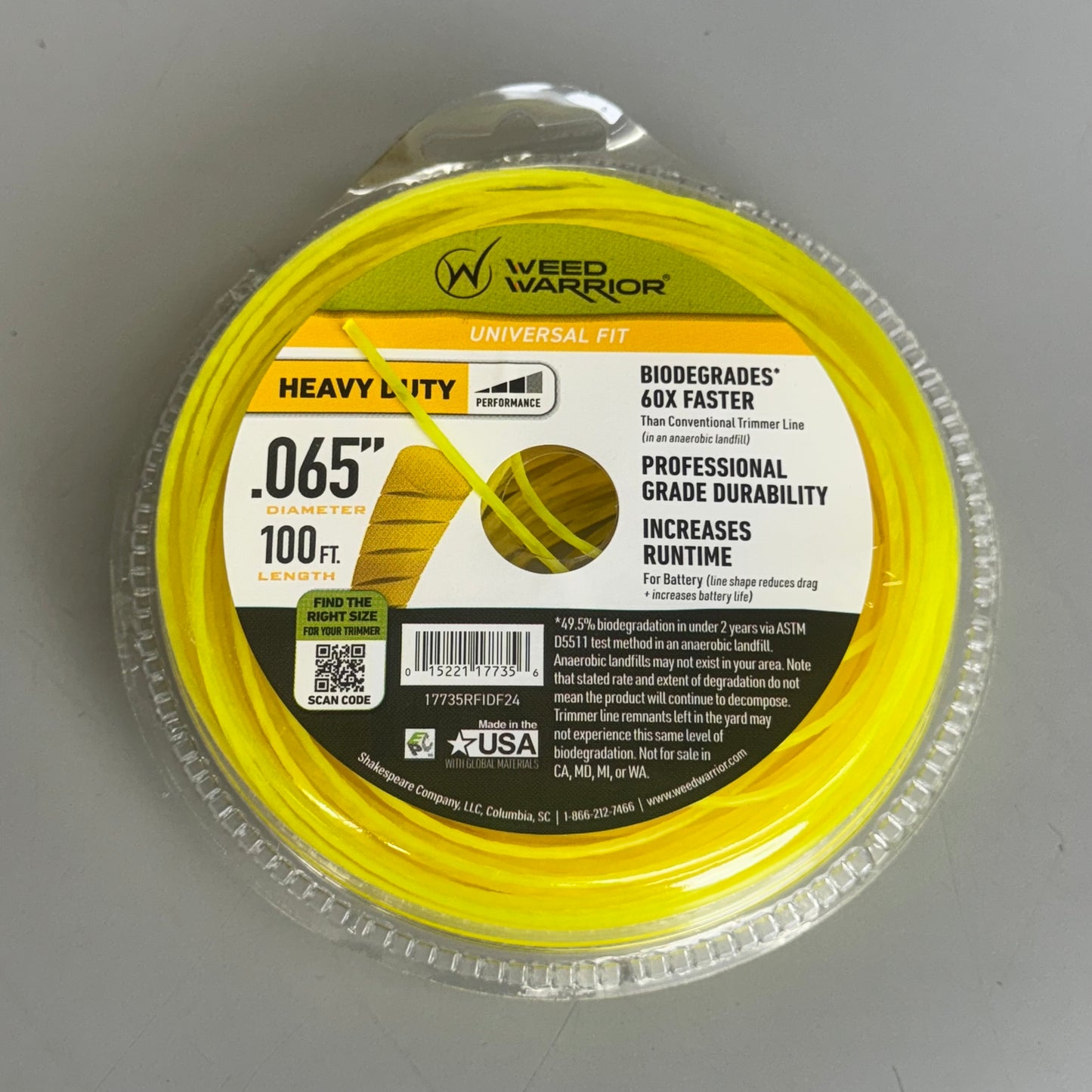 WEED WARRIOR (4 Pack) Grass Trimmer Line 17735RFIDF24 Sz .065”Dx100ft.L Yellow