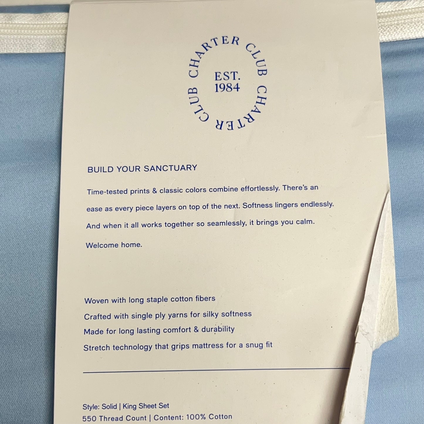 CHARTER CLUB 100% Cotton Damask Collection Sheet Set King Light Blue (New Other)