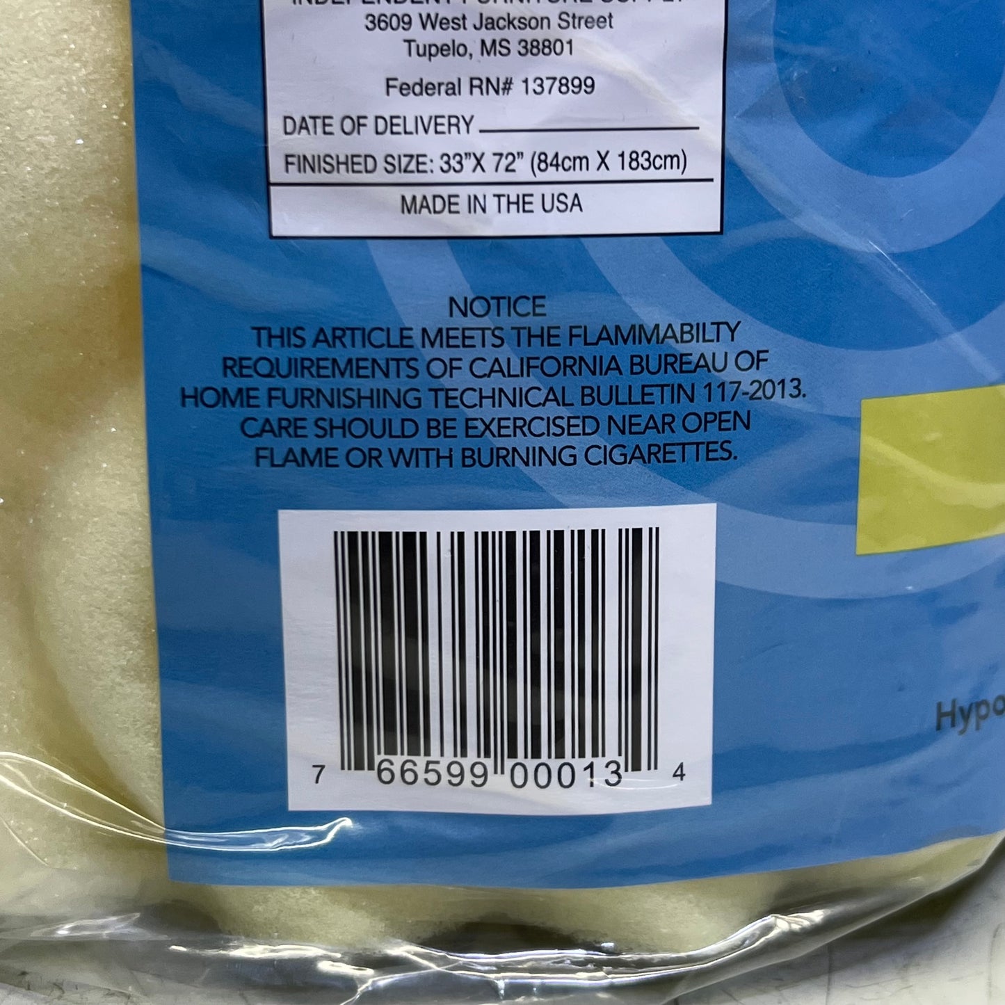 INDEPENDENT FURNITURE Foam Mattress Topper Twin Sz 33" x 72", Yellow