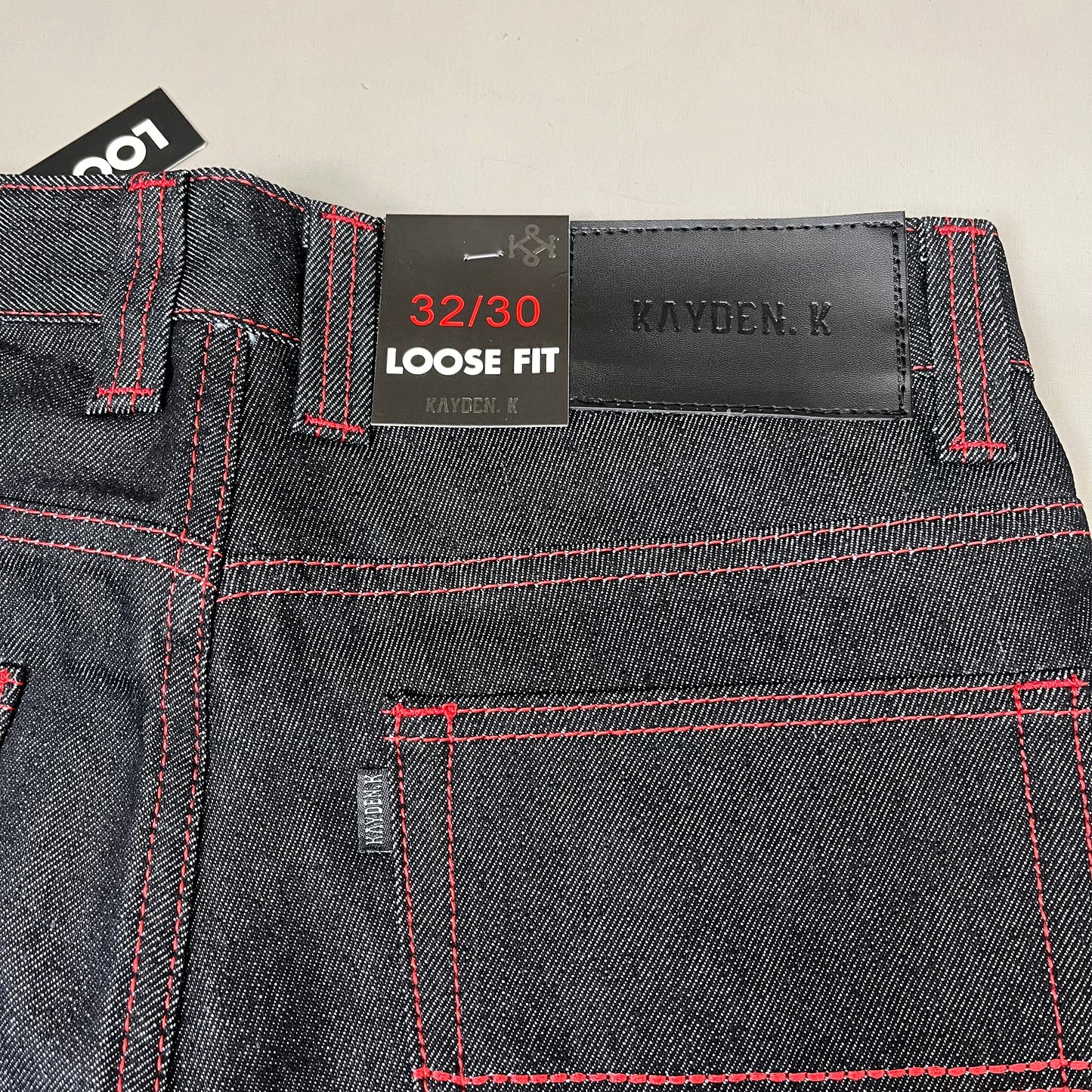 KAYDENK Raw Loose Fit Unwashed Denim Contrast Stitch Jean Men SZ 32/30 Black/Red