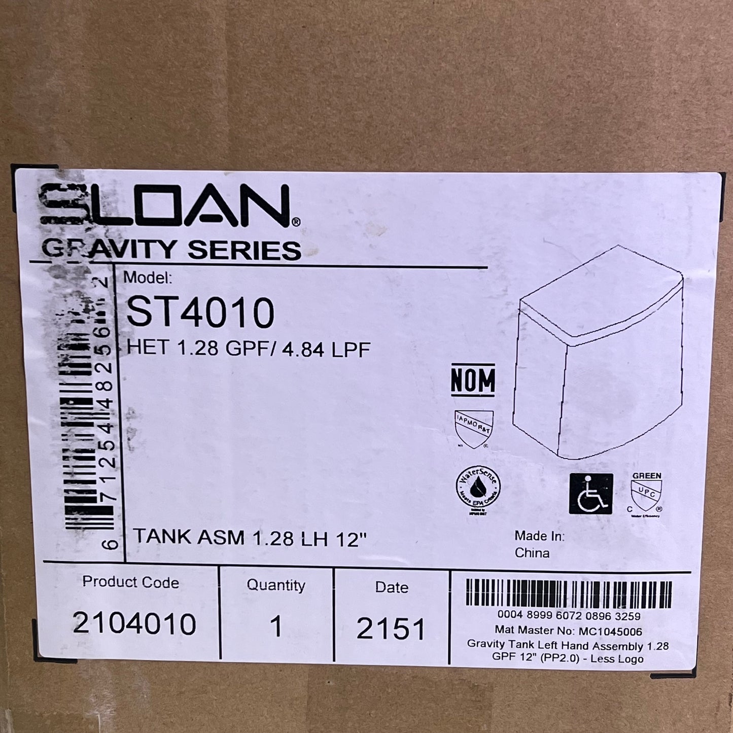 SLOAN Gravity Series Toilet Tank Left Hand 1.28 GPF White 2104010 ST4010