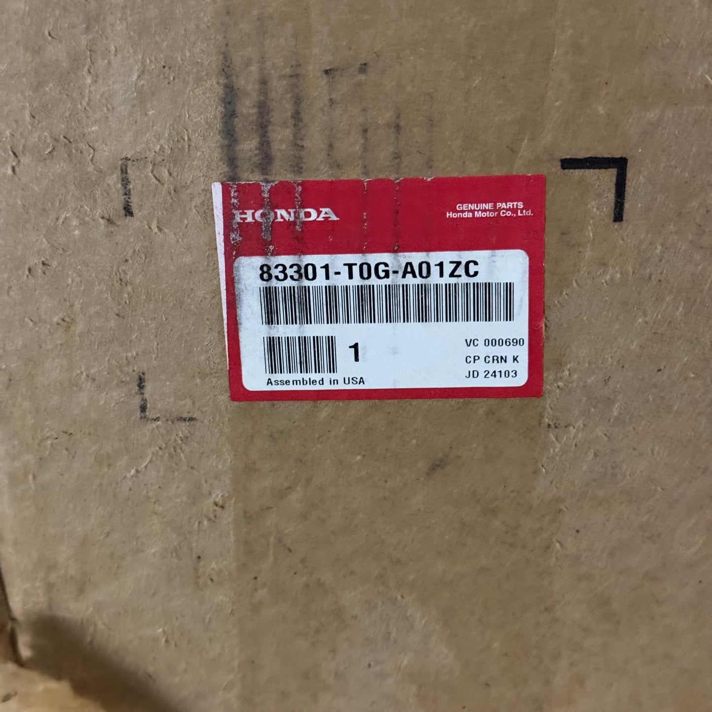 HONDA Car Floor Carpet Assembly Sz 87” L x 53” W Black 83301-T0G-A01ZC