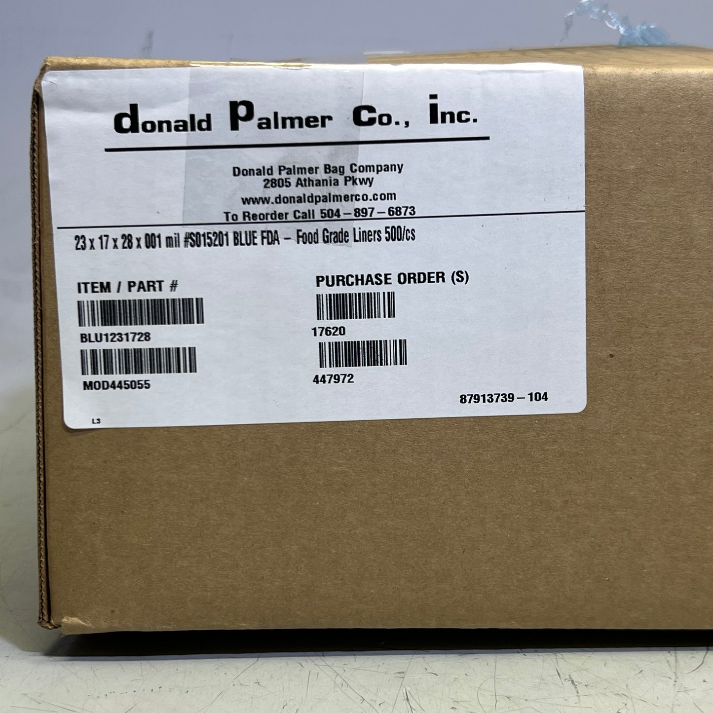 ZA@ DONALD PALMER CO (500 PACK) Food Grade Liners S015201, Blue Sz 23" x 17" x 28"