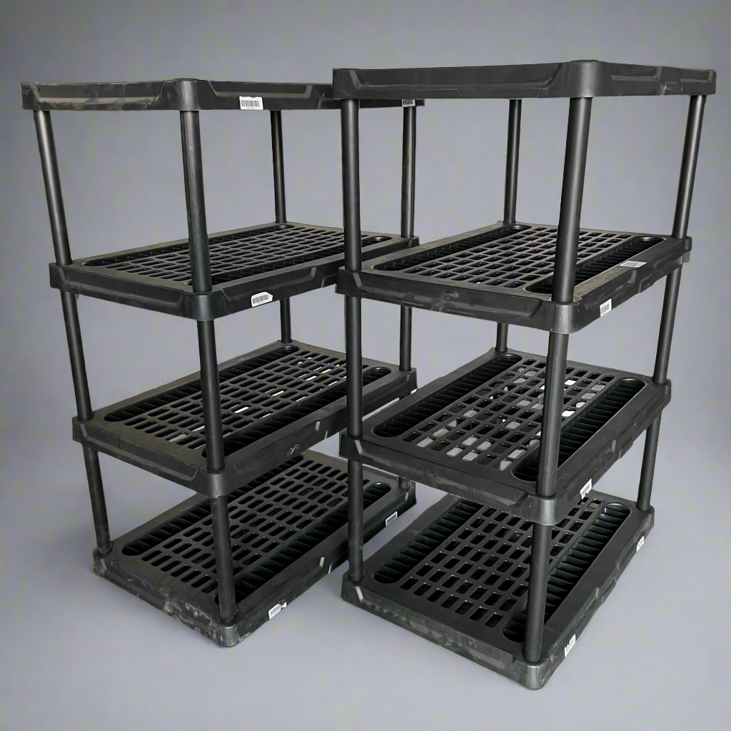 ZA@ BLACK+DECKER (2 PACK) 4-Tier Heavy Duty Ventilated Plastic Storage Shelving Unit Sz 36"L x 23.25"W X 54"H Black (AS-IS, Slight Damage) D