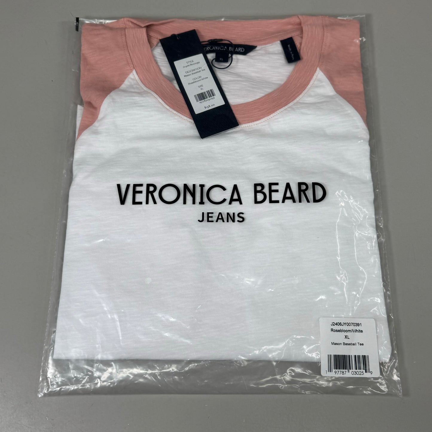 VERONICA BEARD Jeans Women's Mason Baseball Tee Sz-XL Rosebloom/White