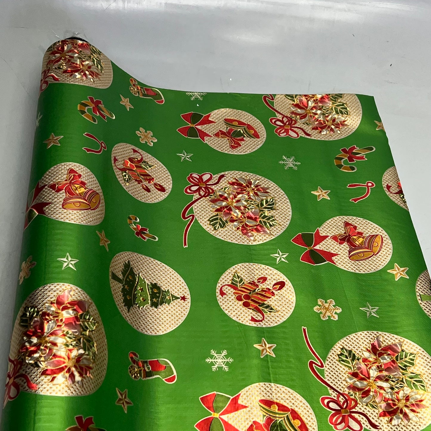 Christmas Ornaments Poinsettia & Bells Vinyl Tablecloth 54"x60' Shine Green
