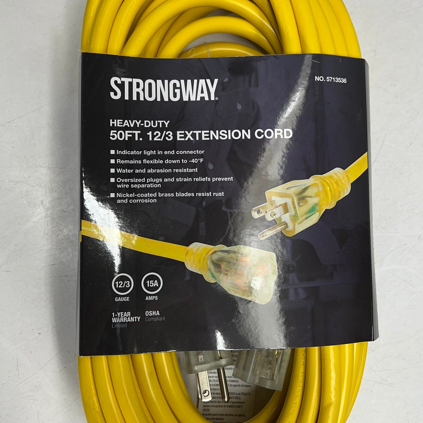 STRONGWAY Outdoor Extension Cord  15 Amps 12/3 Gauge 50' Yellow 5713536