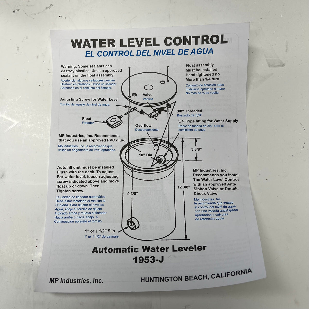 MP INDUSTRIES Water Level Control Autofill for Pools & Spas White MP1953-JW