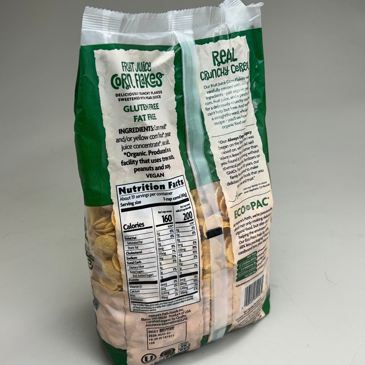 ZA@ NATURE'S PATH  (1 Box, 6 Bags Each) Organic Fruit Juice Sweetened Corn Flakes Cereal 26.4oz BB 08/26 J