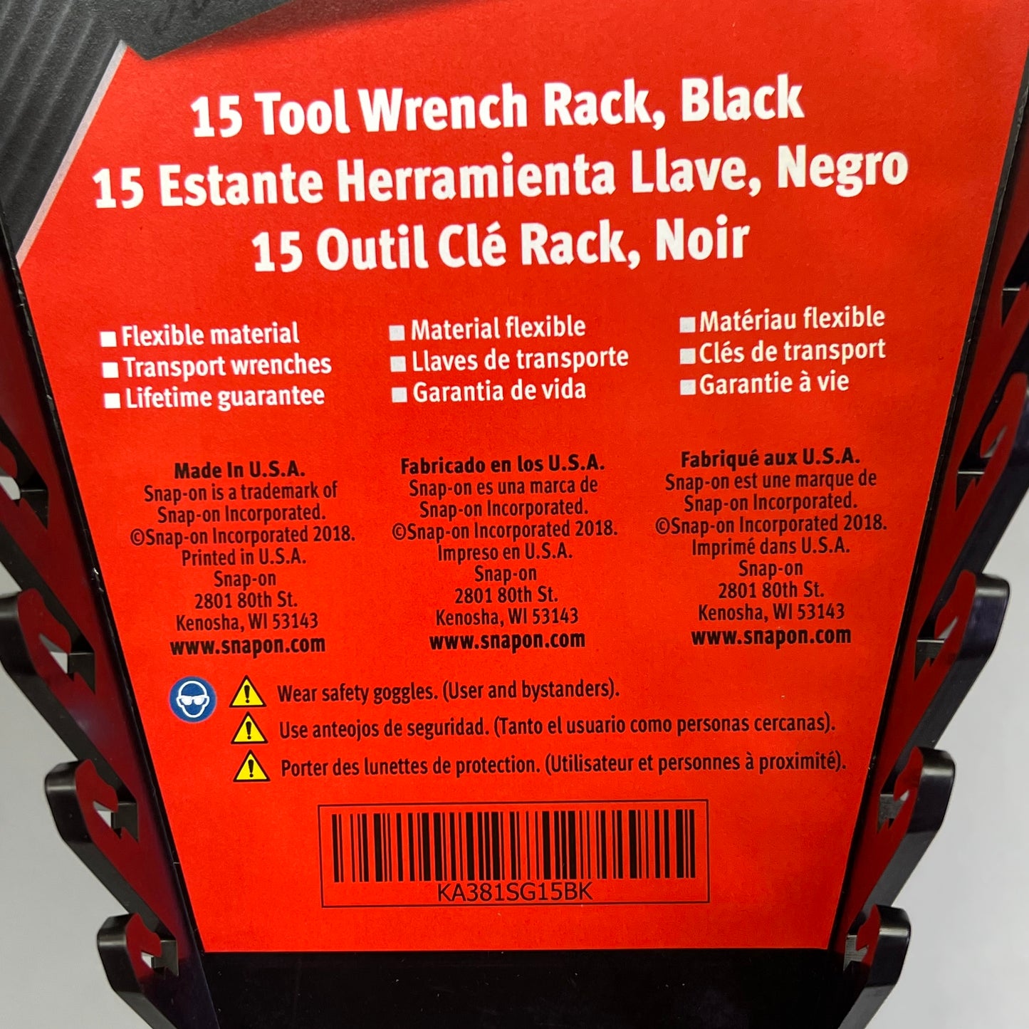 SNAP-ON 15 Tool Wrench Rack W/ Handle Fits 2" Deep Drawers Black KA381SG15BK