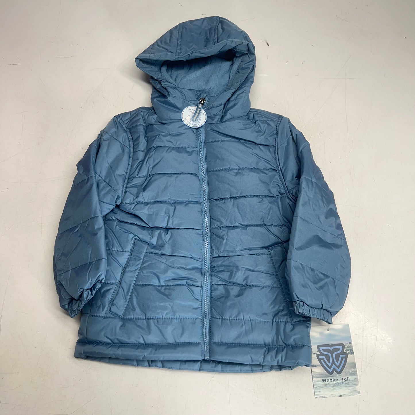 WHALES TAIL Fleece Lined Hooded Full Zip Up Winter Coat  Boy's Sz 6 Dusty Blue