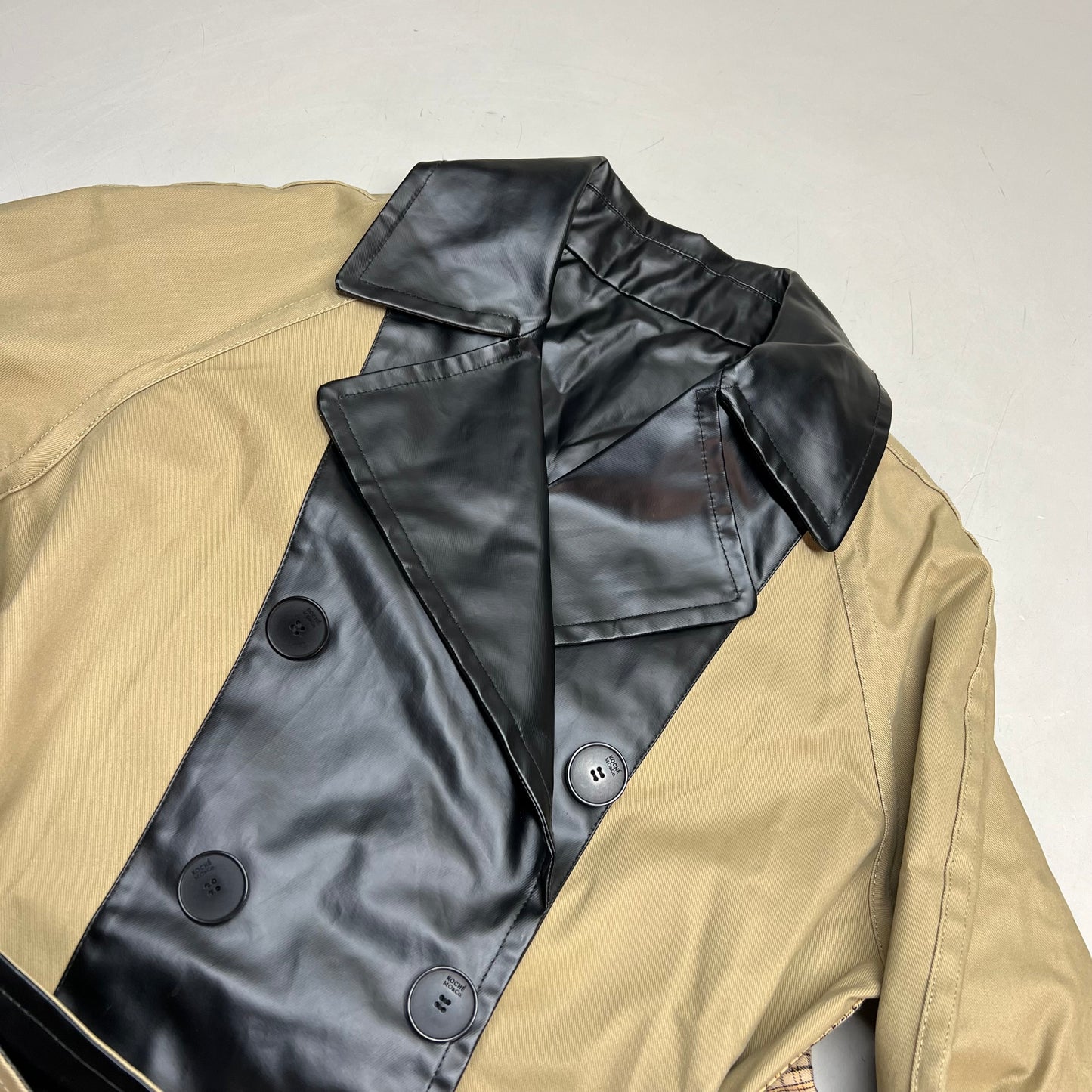 KOCHE MO & CO. Reversible Tie Around Trench Coat Unisex Sz M Khaki/Plaid/Black