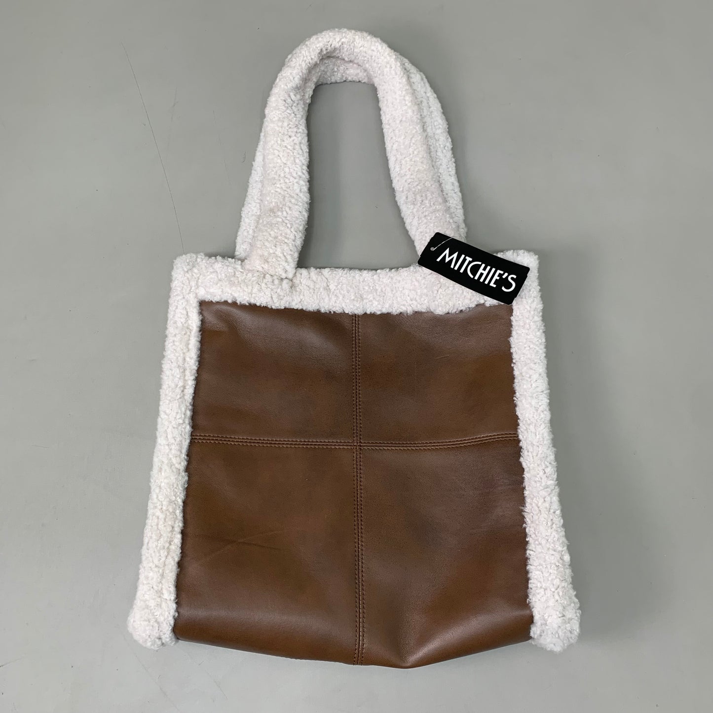 MITCHIES Leather Tote Bag Shearling Trim Button Close & Pockets Brown PRMK07