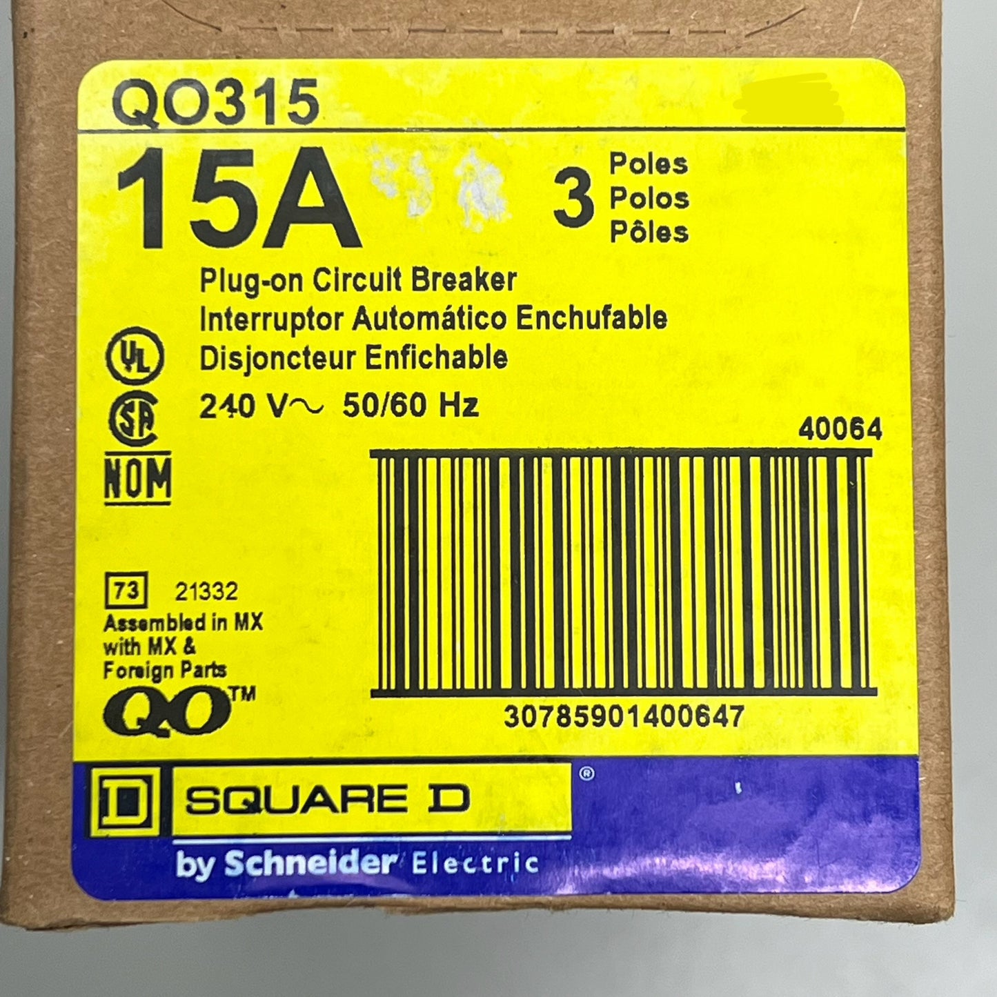 SQUARE D 15 Amp Circuit Breaker Plug-In 3 Pole 240 Volt QO315