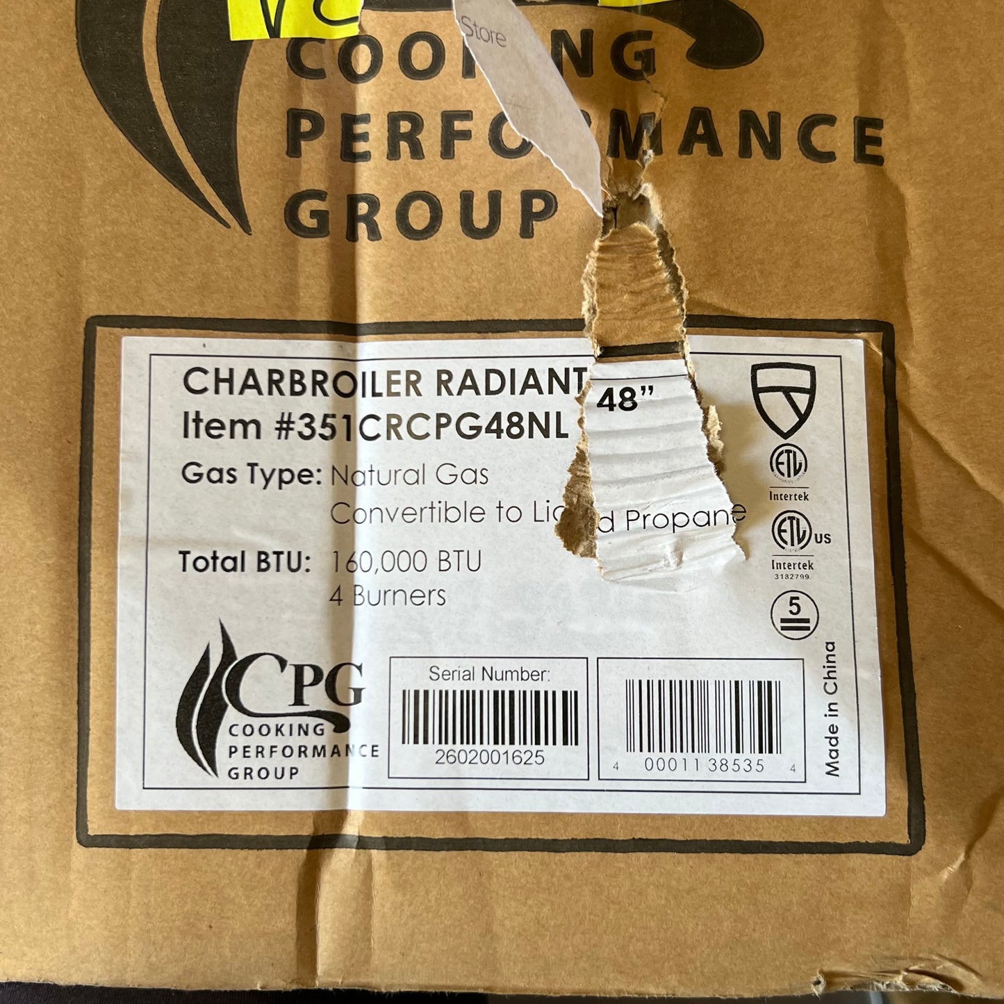 CPG Cooking Performance Group 48" Radiant Charbroiler 160,000 BTU 4 Burner Natural Gas 351CRCPG48NL