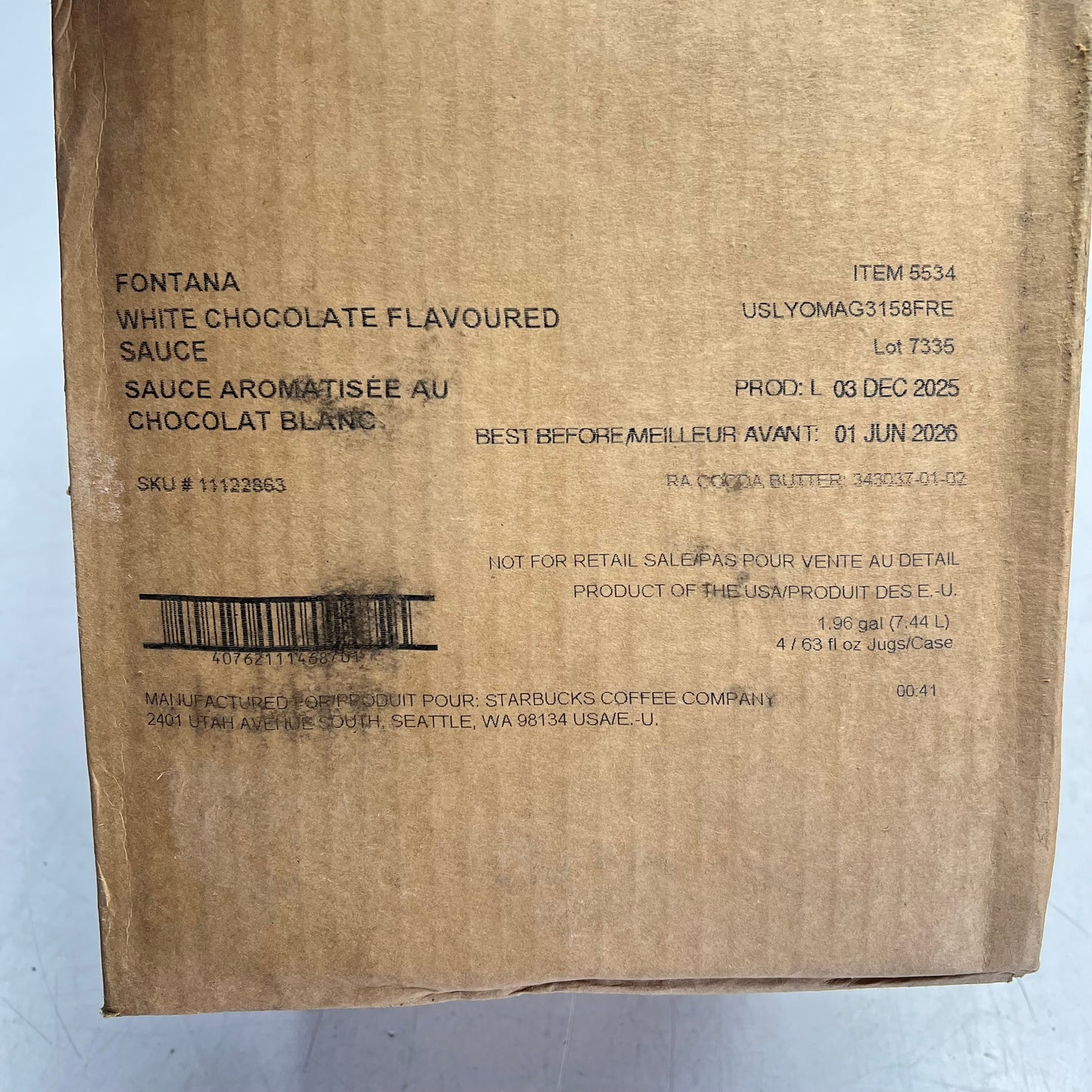 ZA@ STARBUCKS (4 PACK) Fontana White Chocolate Flavored Sauce 1.86 Liter BB 06/26 A