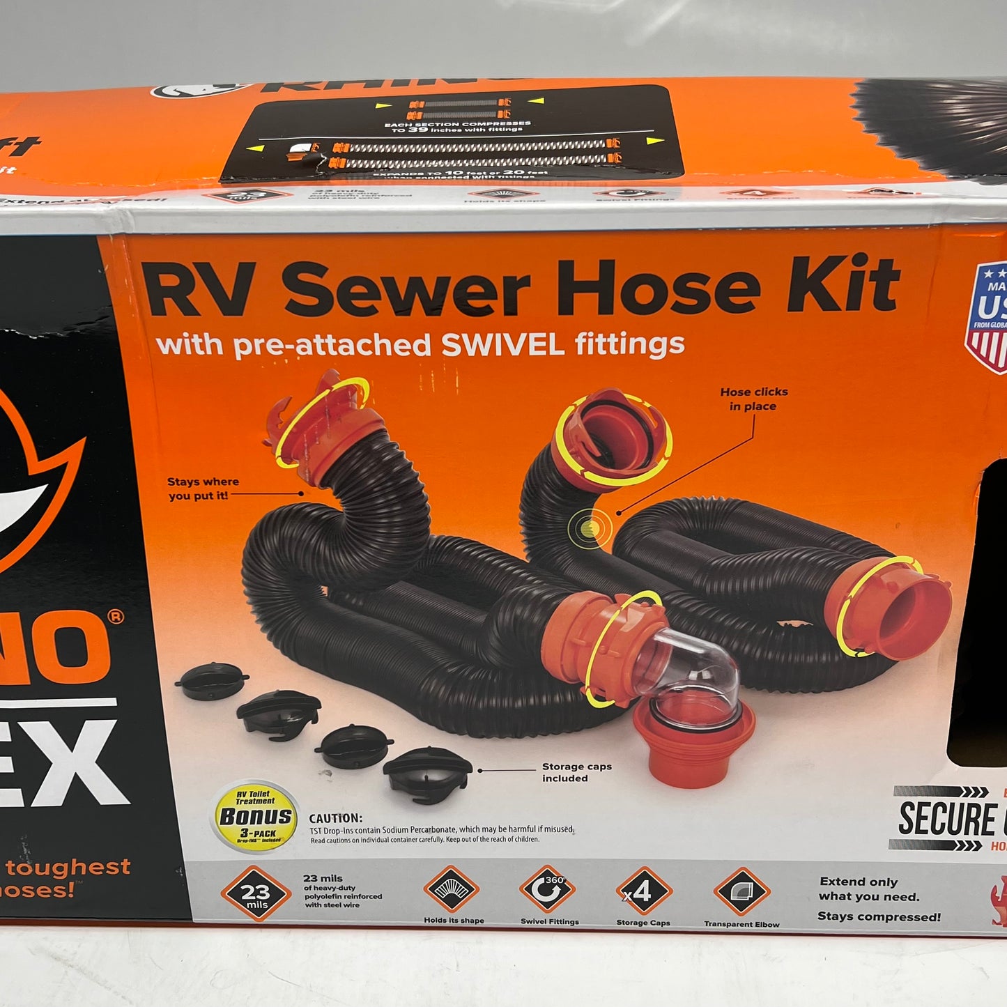 CAMCO Rhino Flex Rv Sewer Hose Kit 360 Degree Swivel Fittings 20' Black 39741