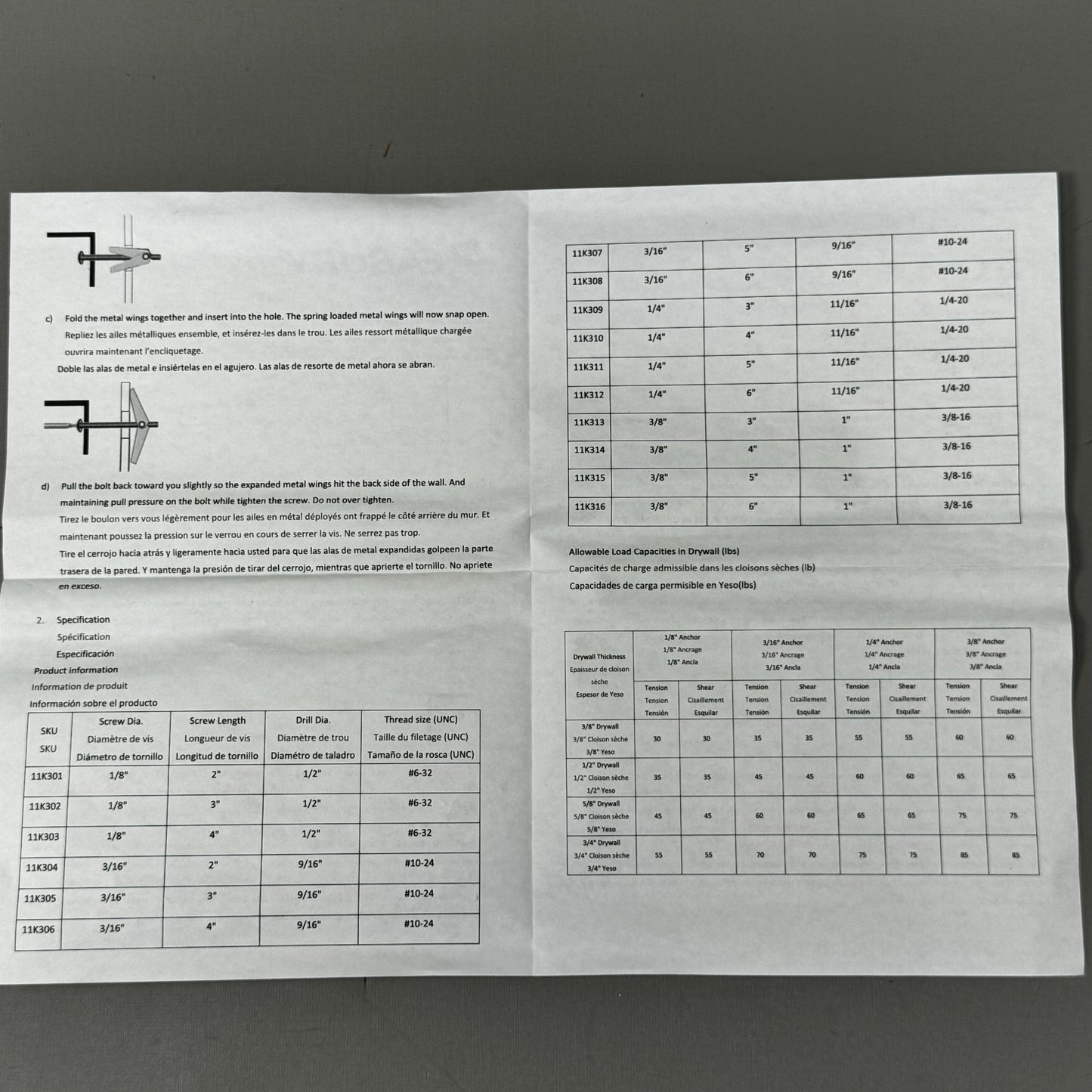 GRAINER (50 PACK) Zinc Plated Toggle Bolt Anchor 1/16"Dia 1/4"-20 Thread 11K312