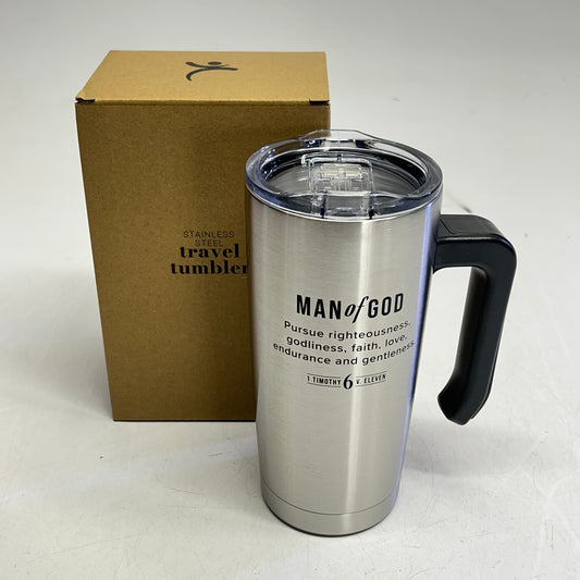 CHRISTIAN ART GIFTS Timothy 6:11 Travel Mug with Handle 18 fl oz Silver SMUG328