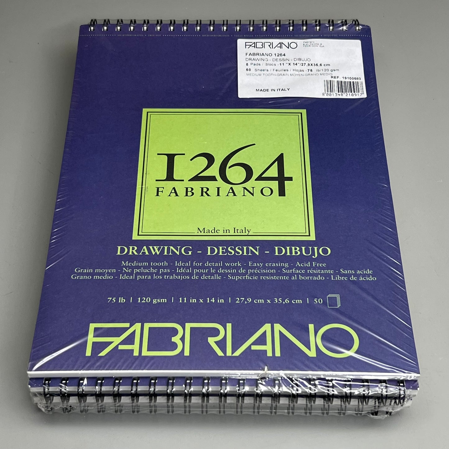 FABRIANO (5 PACK) I264 Drawing Paper Pads 11" x 14" ITALY 50 Sheets (250 TOTAL) White