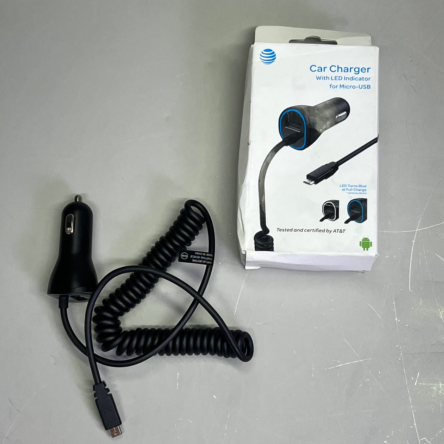 AT & T Single USB Secondary & Corded Micro Car Charger LED 3.4Amp Black 4899