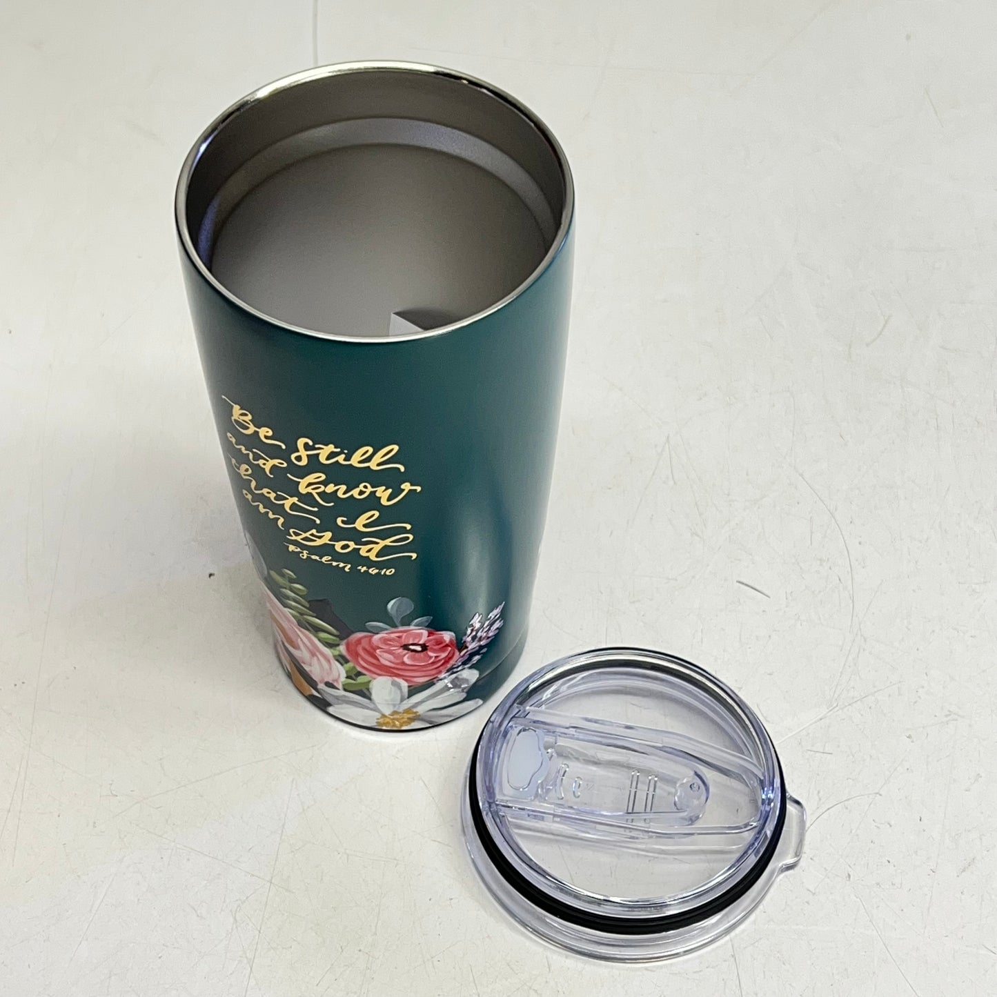 CHRISTIAN ART GIFTS Psalm 46:10 Floral Stainless Steel Travel Tumblr 18 Fl Oz