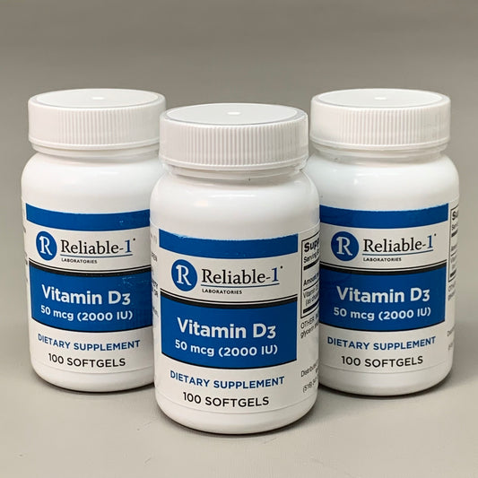 RELIABLE 1 (3 PACK!) Vitamin D3 2000 IU Soft Gel 100ct White 1471-3210 BB-05/2026