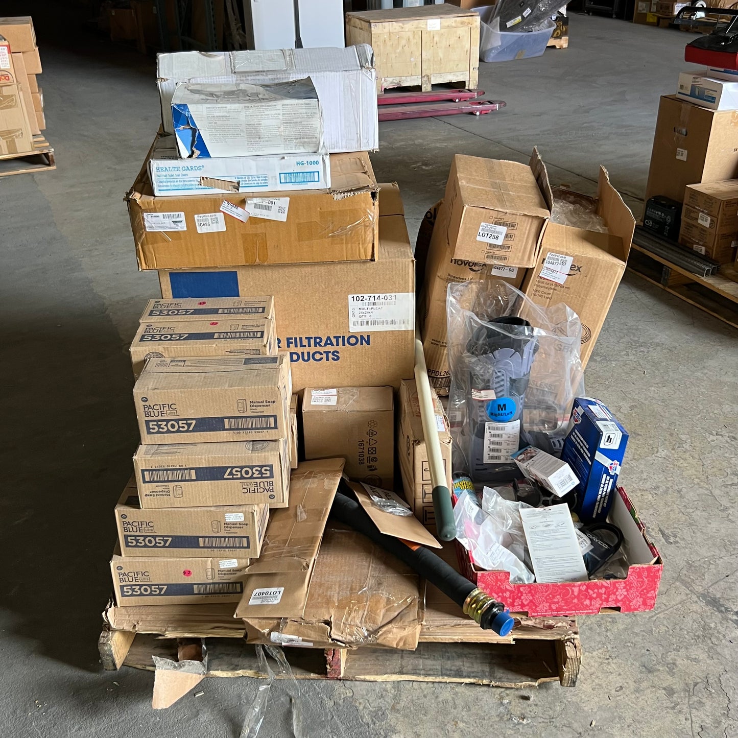 ZA@ Pallet of MIXED Soap Dispenser, Air Filters, Plastic Lids, Walker Boot Right/Left Foot, Spool Kit, Etc... (AS-IS)